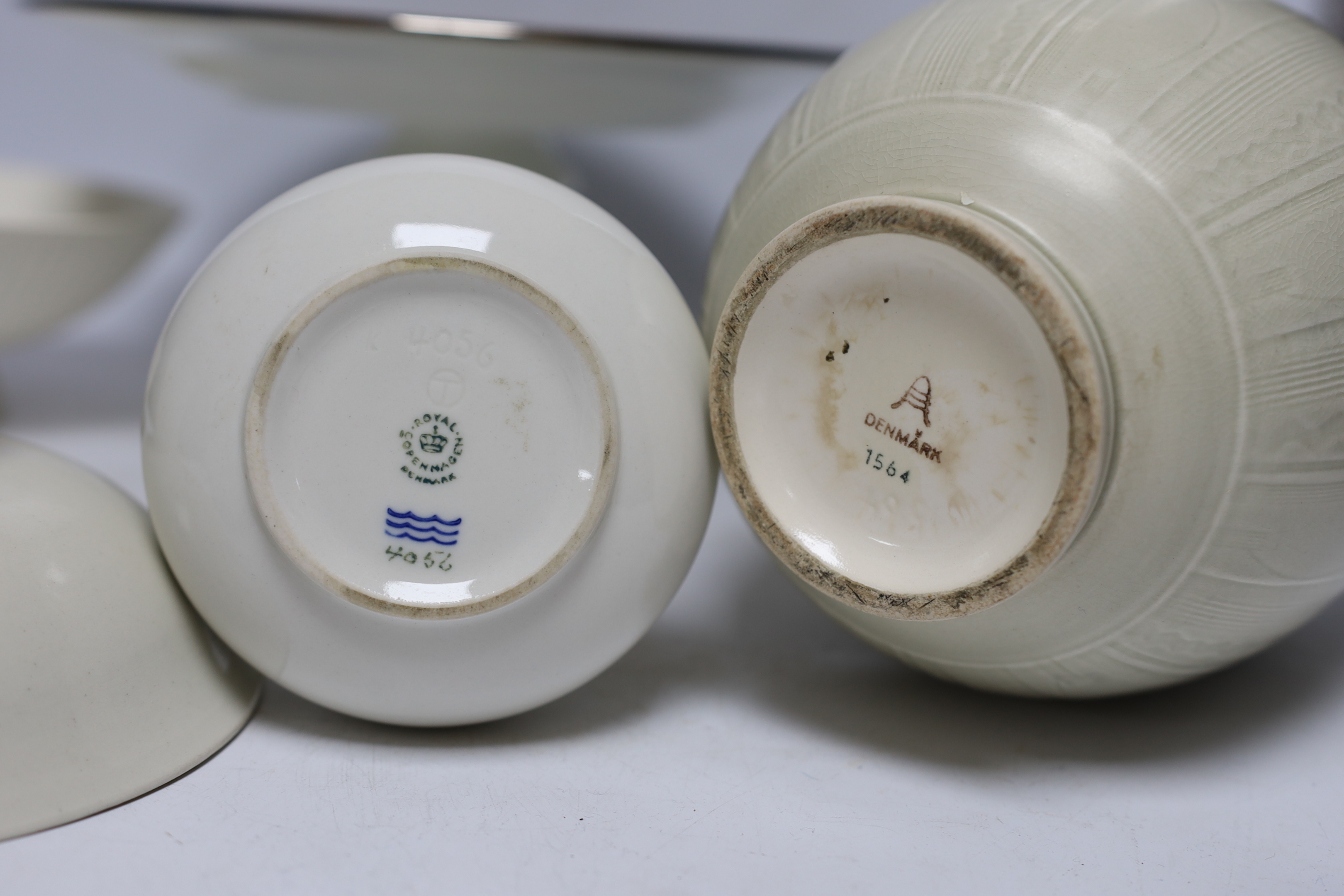 A Danish ovoid vase and other ceramics including a Tiffany & Co. pedestal dish, a Wedgwood bowl, a Copenhagen bottle vase, a Limoges vase and a Chinese stem bowl, tallest 18cm